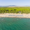 Una spiaggia affollata con ombrelloni, vicino a una foresta verde e colline in lontananza.
