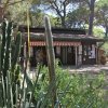 Un chiosco marrone con una tenda a strisce bianche e rosse, circondato da piante e alberi.